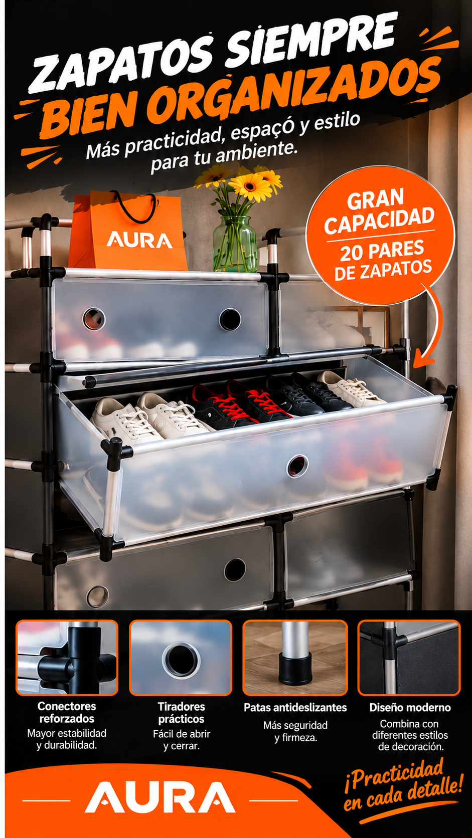 ZAPATERO ORGANIZADOR PREMIUM 2 COLUMNAS NEGROS DE 6 NIVELES