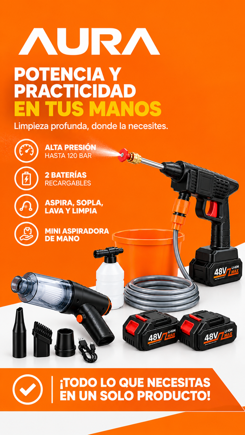 Kit JetClean™: Hidrolavadora Inalámbrica de Alta Presión Doble Batería + (Gratis) Mini Aspiradora Portátil 4en1.