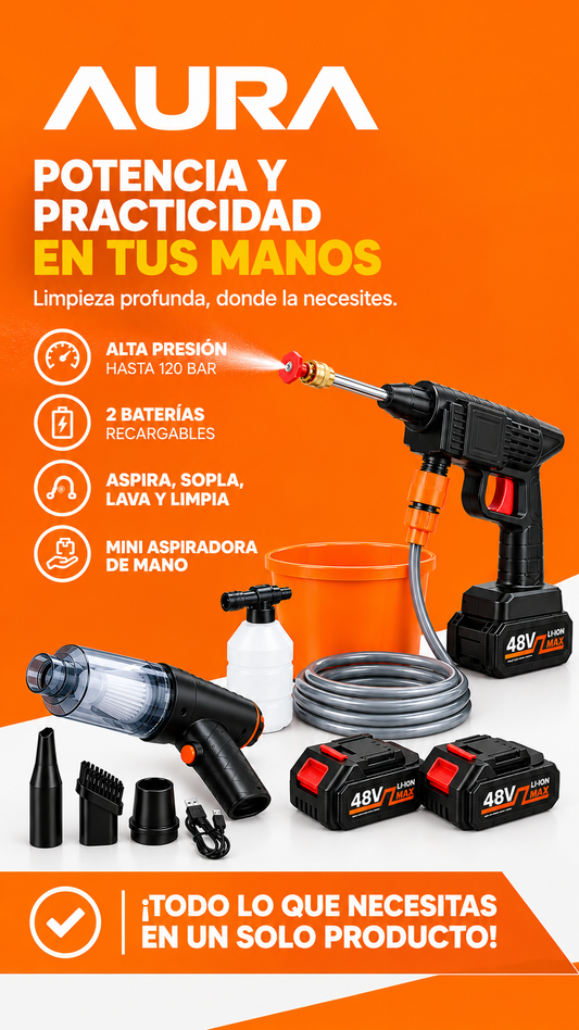 Kit JetClean™: Hidrolavadora Inalámbrica de Alta Presión Doble Batería + (Gratis) Mini Aspiradora Portátil 4en1.